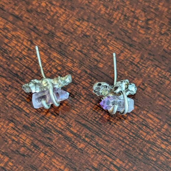 Fairycore Amethyst Sterling Silver Earrings Crystal Raw Cut Stud Boho Handmade - Picture 5 of 10